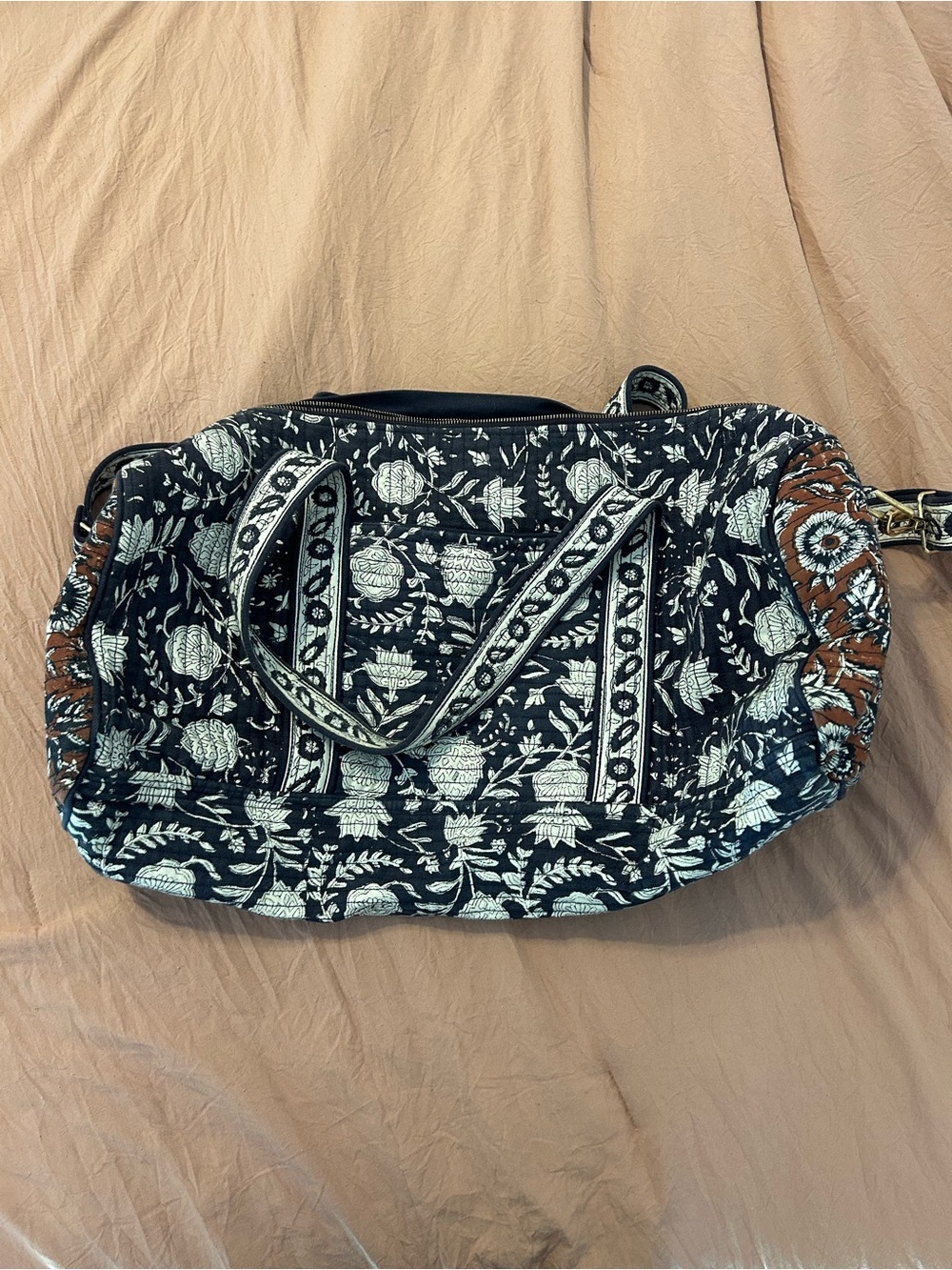 Cleobella Black and White Quilted Floral Shoulder Bag with Brown Accents
